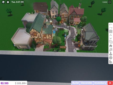 Town Layouts, Bloxburg Autumn, Unique Houses Exterior, Bloxburg Inspiration, Bloxburg Cottage, Codes Wallpaper, Bloxburg Building, Bloxburg Town, Garden Town