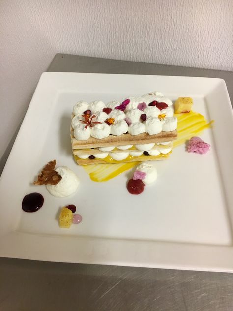 Mango Curd, Coconut Whipped Cream, and Puff Pastry Plated Dessert🥥 Mango Curd, Cream Plates, Plated Dessert, Plating Ideas, Plate Presentation, Mango Cream, Danish Pastry, Coconut Whipped Cream, Pastry Cream