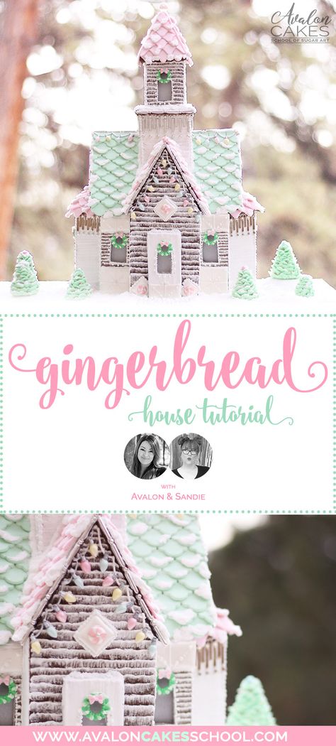 Enchanted Pastel Gingerbread house? Yes please! Learn how to make and build this gorgeous pastel gingerbread house! Full video tutorial plus recipes and templates! A collaboration between Avalon Yarnes and Sandie Beltran (You Can Call me Sweetie) only on avaloncakesschool.com #gingerbreadhouse #pastelchristmas #christmasdisplay Pastel Gingerbread House, Gingerbread House Template Printable, Pastel Gingerbread, Gingerbread Icing, T Rex Cake, Halloween Gingerbread House, Wedding Cake Tutorial, Cake Step By Step, Fondant Cake Tutorial