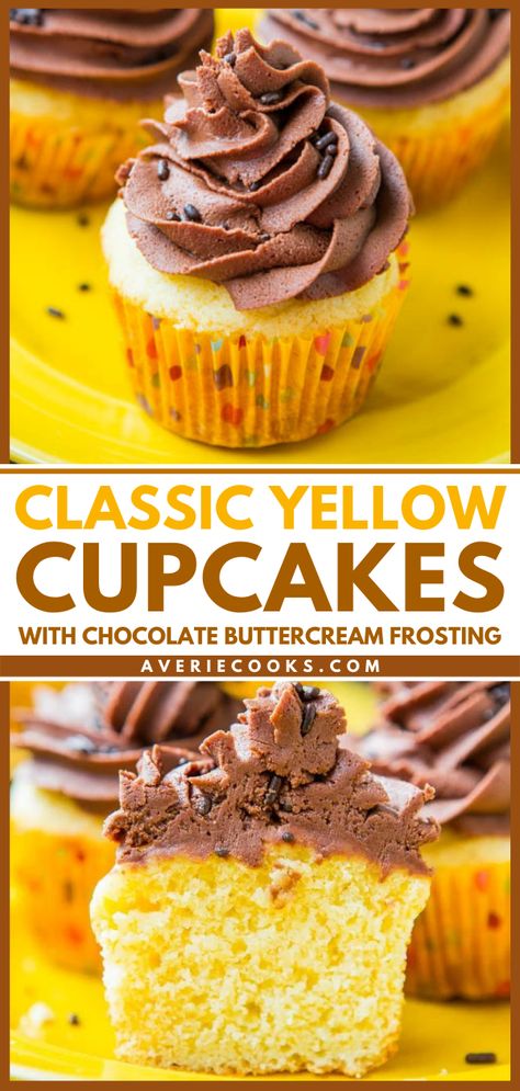 Easy Yellow Cupcake Recipe, Homemade Yellow Cupcakes, Cupcake Recipes Yellow Cake, Best Yellow Cupcake Recipe, Yellow Cupcakes With Chocolate Frosting, Yellow Cupcake Recipe From Scratch, Yellow Cupcakes Decoration, Moist Yellow Cupcake Recipe, Yellow Cupcake Recipe