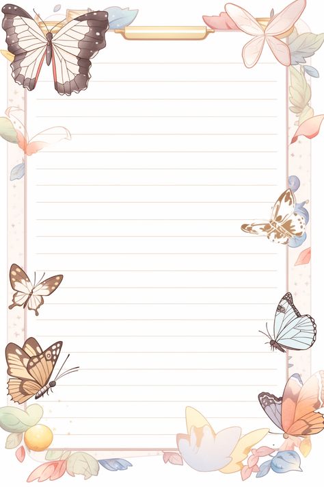 An illustrated notepad, thick writing lines, with butterflies, elaborate borders, in the style of double lines, high detailed, happenings, hanging scroll, screen format, flat shapes, watercolor, hyper - realistic illustrations --style original --ar 2:3 File Cover, Printable Things, Writing Lines, Page Borders Design, Daily Planner Pages, Borders Design, Page Borders, Paper Butterfly, Printable Scrapbook Paper