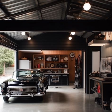 Home Garage Ideas Design, Car Restoration Garage, House Garage Aesthetic, Garage Style Interior, Fancy Car Garage, Industrial Style Garage, Tv Stand With Mounted Tv, Retro Garage Ideas, Masculine Garage