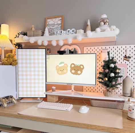 We're feeling inspired by this festive desk decor 🎄 if you're a fellow cozy gamer, we found the cutest accessories to add to your Christmas wishlist Gamer Girl Desk, Christmas Desk Decor, Cute Keyboards, Christmas Desk, Wfh Office, Pokemon Names, Aesthetic Gaming, Holiday Contest, Cozy Gamer