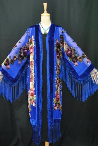 Art to Classic Eastern Flower Burnout Velvet Fringe Jacket Coat Kimono Duster Velvet Fringe Kimono, Velvet Fringe, Opera Coat, Upcycle Clothes Diy, Navy Blue Flowers, Kimono Coat, Velvet Kimono, Fringe Kimono, Burnout Velvet