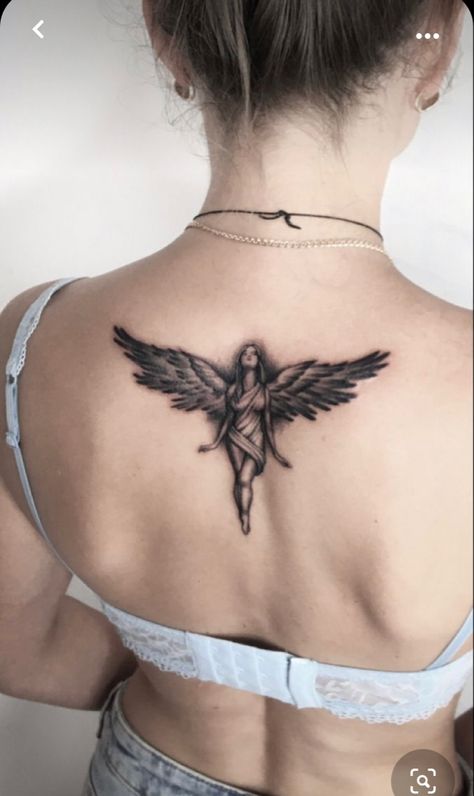 Wing Tattoos On Chest Women, Winged Woman Tattoo, Angel Tattoo Unique, Lady With Wings Tattoo, Angel Wings Spine Tattoo, Angel Back Tattoos Women, Angels Tattoo For Women, Angel Tattoo Designs For Women Beautiful, Angel Wings Tattoo On Back Women