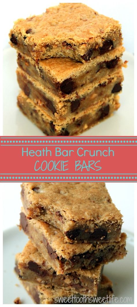 Heath Bar Crunch Cookie Bars are buttery and gooey with the added sweet crunch of Heath bits. They're a MUST make! Heath Bar Recipes, Heath Bar Dessert, Heath Bar Cookies, Heath Bar, Heath Bars, Bake Goods, Dessert Bar Recipe, Cookie Brownie Bars, Toffee Bits