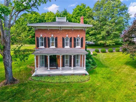 Circa 1870 Historic Brick Italianate Farmhouse For Sale W/Barns And Pool on 2.4 Acres Baldwinsville, NY. $549,900 - Country Life Dreams Judges Paneling, Large Glass Windows, Birch Floors, Brick Farmhouse, Stone Porches, Built In Buffet, Louvered Shutters, Vintage Inspired Kitchen, Built In Bar