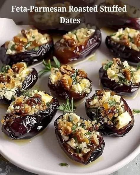 Soup Recipes by Nonna Pia | Feta-Parmesan Roasted Stuffed Dates | Facebook Traditional Greek Food, Roasted Olives, Vegetable Cooking, Christmas Pudding Recipes, Bits And Bites, Gordon Ramsay Recipe, Stuffed Dates, Vegetable Pie, Spiced Cauliflower