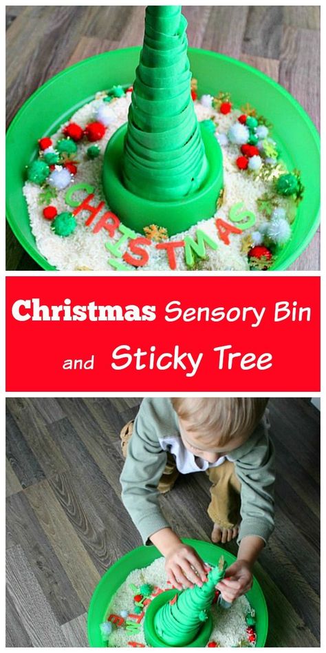 A Christmas sensory bin and sticky tree are so much fun for kids of all ages. My toddler & preschooler love playing with this and it keeps them busy for hours. So many great learning activities with it too! Christmas Sensory Bin, Winter Sensory, Christmas Sensory, Size Sorting, Christmas Preschool, Toddler Sensory, Christmas Craft Projects, Sensory Table, Christmas Blanket