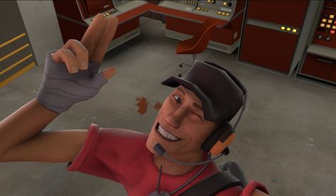 Scout from team fortress 2 doing a pose, smiling and winking with his head to the side and his hand raised Scout Tf2, Red