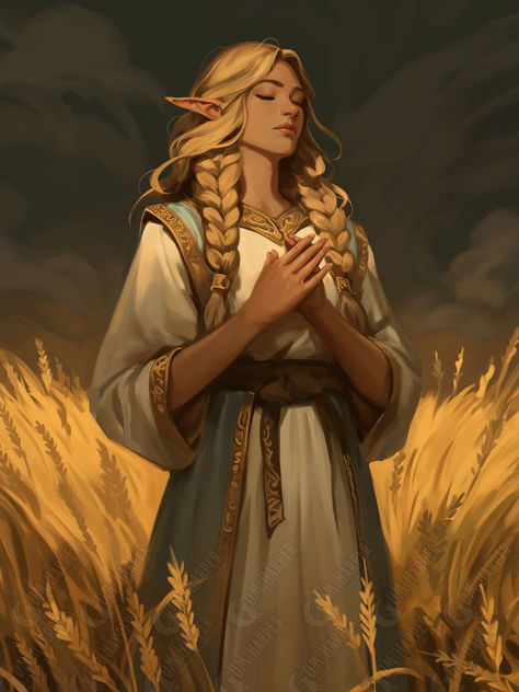 Sumnes, Acolyte of Chauntea, Elf Cleric or Druid, Goldenfields, Storm King's Thunder Irish Character Art, Sun Cleric Dnd, Light Domain Cleric Dnd, Old Elf Dnd, Order Cleric, Dnd Acolyte, Cleric Pose, Acolyte Dnd, Dnd Character Design Cleric