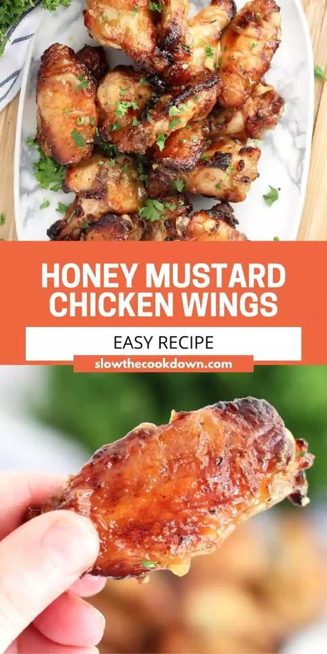 Perfectly sweet and tangy, these oven baked honey and mustard chicken wings are the perfect appetizer for game day. Glazed in a dijon mustard and honey sauce, they are super simple to make and ready to serve in less than an hour. Honey Mustard Wings, Chicken Wings Recipe Oven, Honey Mustard Chicken Wings, Dijon Mustard Chicken, Baked Honey Mustard Chicken, Lazy Recipes, Oven Chicken Wings, Honey Wings, Perfect Grilled Chicken