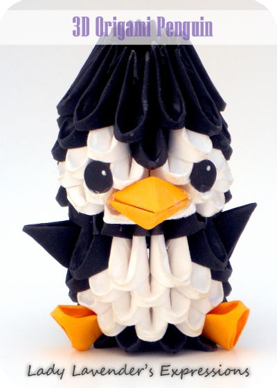 3D Origami Penguin. This is a very fun 3D Origami "pattern" to make. It's not too hard although it is a bit time-consuming. See my original post here: http://ladylavendersexpressions.blogspot.com/2013/05/crafty-creations-3d-origami-penguin.html Post It Origami, Origami Hard, 3d Origami Swan, Origami Penguin, Origami Paper Folding, Origami Swan, Penguin Crafts, Origami Fish, Origami And Kirigami