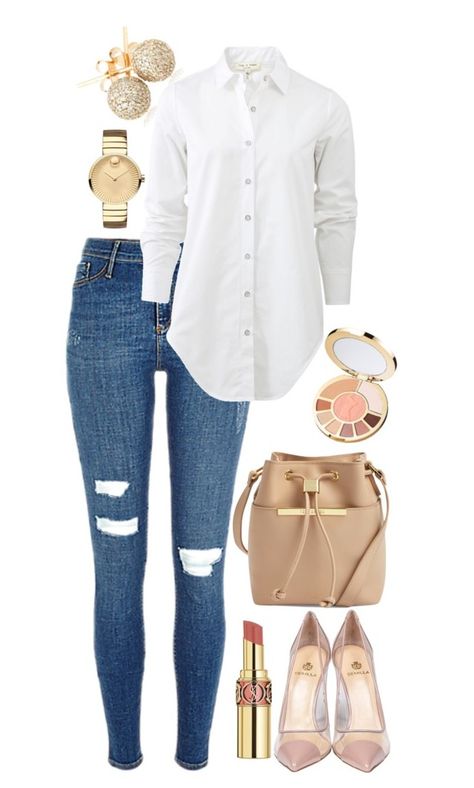 "Inspired SPRING" by zistyle on Polyvore featuring Loushelou, Yves Saint Laurent, rag & bone, Semilla, Ted Baker, Movado and tarte Luxury Chic V-neck Dress For Spring, Back To The Office Outfits 2022, Spring V-neck Office Dress, Chic Summer V-neck Dress For Work, Office Summer Outfits Women, Chic Spring Denim V-neck Top, Ted Baker Outfit, Look Legging, Casual Chic Spring