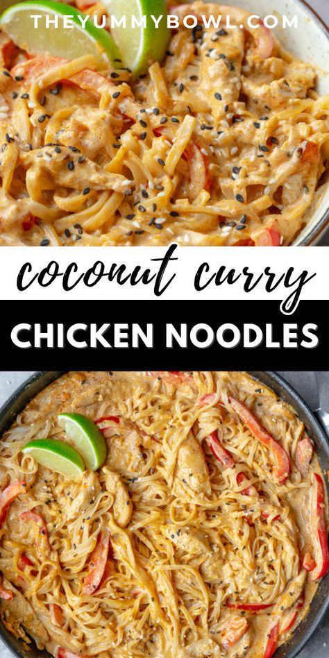 These Thai Red Curry Noodles with chicken from The Yummy Bowl are the perfect easy dinner recipe that will be ready in 15 minutes! This bowl of noodles is huge on flavor and is packed with bites of tender chicken, coconut milk, rice noodles, spices, and lime juice. Give this yummy dinner recipe a try today! Thai Rice Noodle Recipes, Chicken Coconut Milk, Red Curry Noodles, Thai Coconut Curry Chicken, Noodles With Vegetables, Chicken Rice Noodles, Chicken Curry Recipe Easy, Coconut Milk Rice, Noodle Bowls Recipes