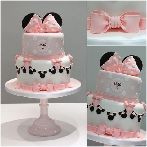 Minnie Mouse themed birthday cake with Minnie Mouse bunting for a vintage twist – www.facebook.com/TiersTiaras Bolo Do Mickey Mouse, Minnie Mouse Cookies, Minnie Mouse Birthday Cakes, Star Cake, Mini Torte, Bolo Minnie, Minnie Cake, 2 Birthday Cake, Mickey Mouse Cake