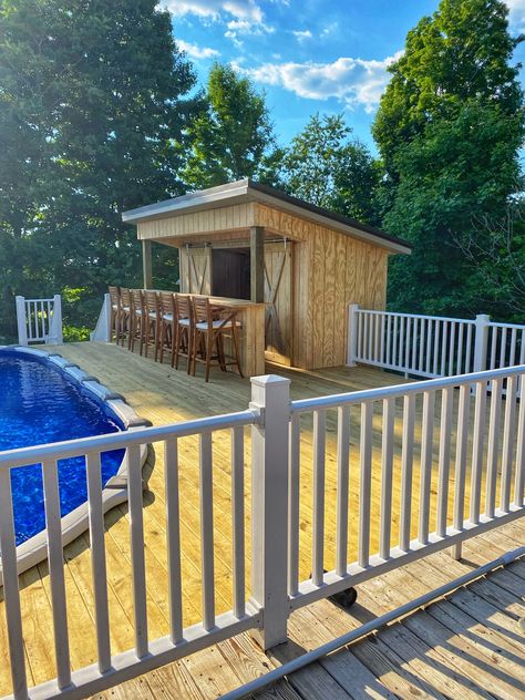 15x30 above ground pool w/ deck, pool bar, & storage Pool Deck Decor, Above Ground Pool Deck Ideas, Decks Around Pools, Above Ground Pool Deck, Inground Pool Landscaping, Pool Deck Plans, Cheap Pool, Pool Shed, Pool Deck Ideas