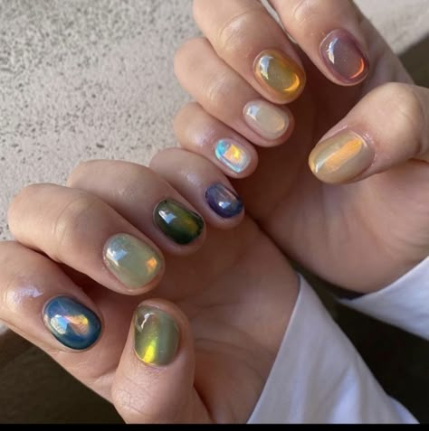 Metallic Gel Nails Short, Multi Color Cat Eye Nails, Pebble Nails, Gemstone Nails, Ideas Nails, Minimalist Nails, Dream Nails, Fire Nails, Funky Nails