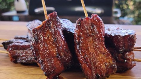 Pork Belly Skewers Recipe, Pork Belly Lollipops, Smoked Pork Belly Recipes, Pork Belly Skewers, Filipino Pork Bbq, Pork Belly Strips, Smoked Pork Belly, Smoker Grill Recipes, Smoker Ideas