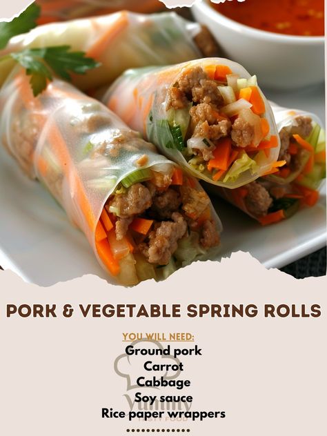 🥢🥟 Try our Pork & Vegetable Spring Rolls for a fresh and tasty treat! #SpringRolls #AsianCuisine Pork & Vegetable Spring Rolls Ingredients: Ground pork (1 lb) Carrot (1, julienned) Cabbage (2 cups, shredded) Soy sauce (2 tbsp) Rice paper wrappers (12) Garlic (2 cloves, minced) Ginger (1 tbsp, minced) Olive oil (1 tbsp) Salt and pepper (to taste) Sweet chili sauce (for dipping) Instructions: Cook ground pork with garlic and ginger in olive oil until browned. Season with soy sauce, salt, an... Rice Wraps Spring Rolls, Meat Spring Rolls, Pork Spring Rolls, Rice Paper Wraps, Pork Wraps, Rice Paper Wrappers, Cabbage Rice, Rice Wraps, Vegetable Spring Rolls