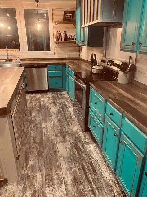 #western #westernkitchen #turquoise #kitchenideas #westernideas #westernhome #westerhomedecor Teal Cabinets, Ranch House Decor, Western Bedroom Decor, Western Kitchen, Western Bedroom, Small Kitchen Remodel, Kitchen Remodel Ideas, Rustic Kitchen Design, Western Homes