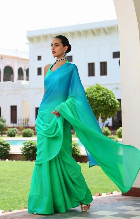 Tranquil Blue, Ombre Gradient, Ombre Dress, Green Saree, Blue Saree, Dress Indian Style, Shades Of Gold, Chiffon Saree, Blue Ombre