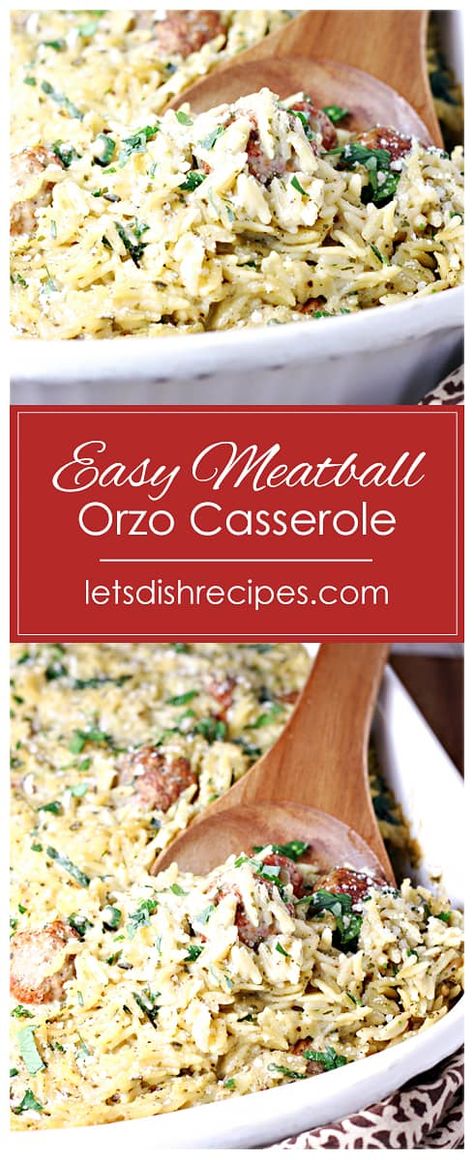 Easy Meatball Orzo Casserole Recipe -- Orzo pasta, frozen meatballs, Alfredo sauce, pesto and spinach combine in this quick and easy casserole that the whole family will love. #orzo #pasta #meatballs #casserole #dinner #recipes Meatballs Alfredo, Meatball Orzo, Orzo Casserole, Meatballs Casserole, Pasta Meatballs, Pesto Meatballs, Easy Meatball, Easy Casserole Dishes, Sauce Pesto