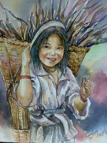 Nepali painting of a village girl, carrying some firewood in a traditional basket, woven from bamboo slices, "Doko". Nepali Painting, Nepal Art, Basket Drawing, Basic Watercolor, Watercolor Scenery, Village Girl, Woven Baskets, Canvas Painting Diy, Painting Of Girl