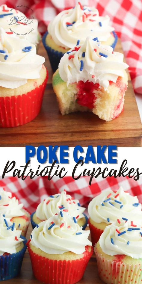 Poke Cake Cupcakes, Red White And Blue Cupcakes, White And Blue Cupcakes, Poke Cake Jello, Patriotic Cupcakes, Grab N Go, Dessert Cups Recipes, Dessert Recipes For Kids, Vanilla Cupcake Recipe