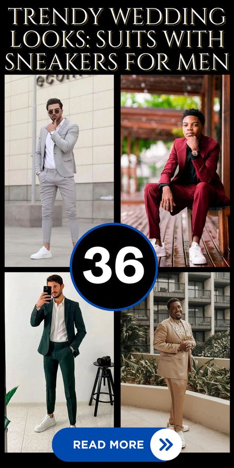 Explore 36 ways to rock suits with sneakers for a contemporary and trendy vibe at weddings. These combinations blend formal elegance with casual flair, ideal for grooms and guests aiming for a fashion-forward statement. Discover how sneakers can elevate traditional suits, creating a stylish and comfortable ensemble that exudes sophistication. #suitswithsneakers #mensweddingfashion #modernweddingstyle #fashionforwardgrooms #weddingguestoutfits #sneakerchic Suit And White Sneakers Men, Casual Suits Men With Sneakers, Blazer Sneakers Men, Mens Wedding Fashion Guest, Suit And Sneakers Men Outfits Wedding, Mens Dress Sneakers Outfit, Dress Pants With Sneakers Men Outfit, Sneaker With Suit Men, Sneakers And Suits Men