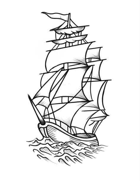 Easy Traditional Tattoo Drawing, Tall Ship Drawing, Old Ships Drawing, Pirate Drawings Easy, Pirate Ship Tattoo Simple, Easy Pirate Ship Drawing, Pirate Ship Tattoo Stencil, Pirates Ship Drawing, Sailship Tattoo