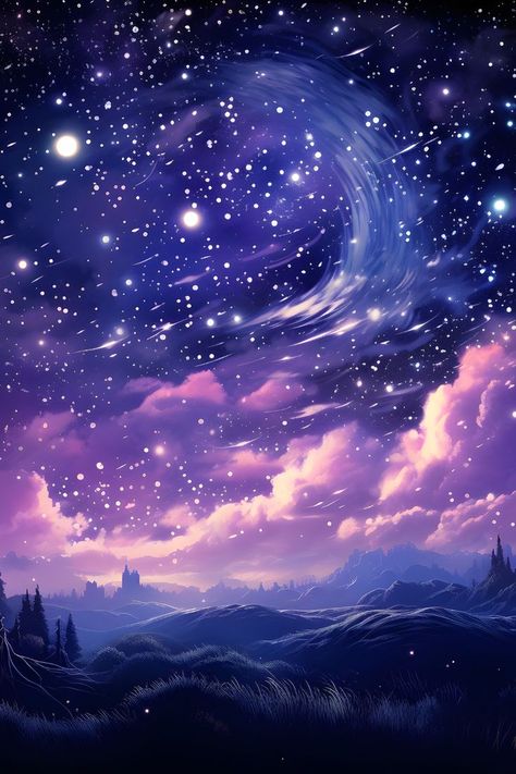 A dark meadow can be seen with castles in the distance. The night sky is filled with  swirls of dark purple and light pink clouds. The stars are mixed together forming a moon shape similar to Van Gough's A Starry Night. Dark Purple Aesthetic Background, Costumes At Home, Dreamy Night Sky, Starry Night Wallpaper, Purple Aesthetic Background, Iphone Wallpaper Glitter, Night Sky Wallpaper, Dark Purple Aesthetic, Night Background