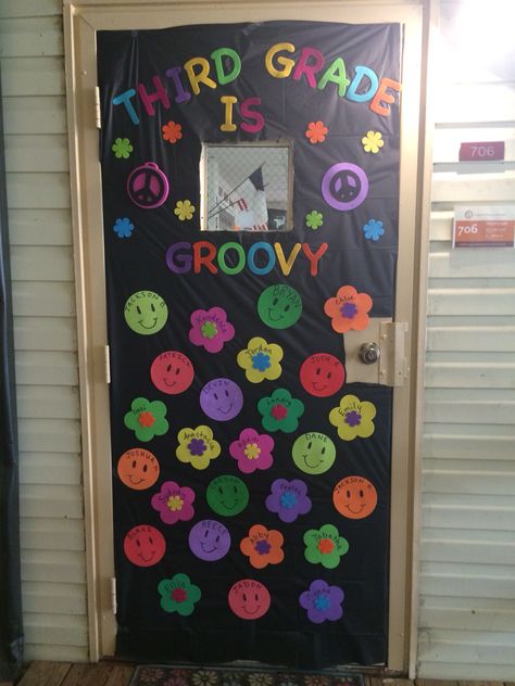 Door decoration/bulletin board idea. Third grade is groovy!  70s theme 70s Door Decoration, 60s Bulletin Board Ideas, 60s Door Decorations For School, 70s Themed Classroom Door, 70s Bulletin Board Ideas, Groovy Door Decorations, Groovy Bulletin Board Ideas, Groovy Disco Classroom Theme, Retro Groovy Classroom Door