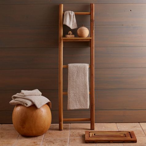 Teak Ladder with Shelf | VivaTerra Ladder Shelf Decor, Wooden Blanket Ladder, Teak Bath, Teak Bathroom, Rustic Ladder, Wood Ladder, Wood Scraps, Blanket Ladder, Wooden Ladder