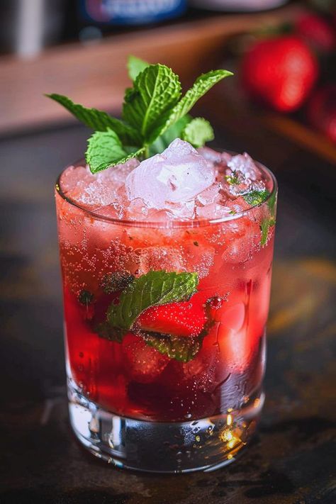 Strawberry Mint Drink, Vodka Mojito, Mint Drink, Strawberry Vodka, Vodka Soda, Fast Food Menu, Delicious Deserts, Strawberry Mint, Liquor Drinks