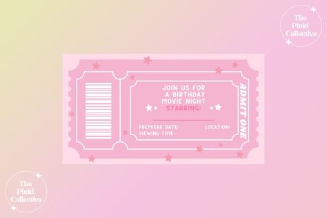 ThePinkiCollective - Etsy Jersey Cinema Party Invitations, Movie Night Party Invitations, Movie Ticket Birthday Invitations, Movie Night Tickets, Movie Ticket Invitations, Birthday Movie Night, Ticket Party Invitations, Ticket Design Template, Pink Tickets