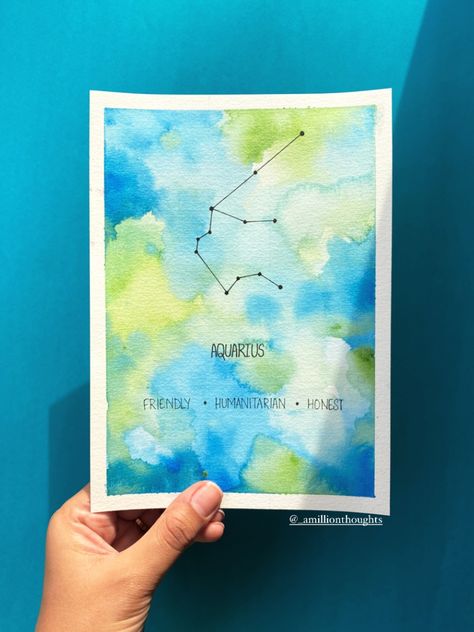 Watercolour hand painted Aquarius Zodiac card with their star constellation and personality traits. Aquarius Canvas Painting, Aquarius Painting, Zodiac Artwork, Acryl Painting, Zodiac Cards, Star Constellation, Star Constellations, Zodiac Signs Aquarius, Feel Good Quotes