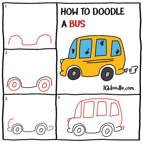 How to Doodle a School Bus School Bus Chalkboard Art, How To Draw A School Bus, Bus Doodle, School Bus Directed Drawing, Cartoon Bus Drawing, School Bus Doodle, Inside Bus Drawing, Train Village, School Chalkboard Art