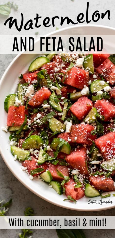 Watermelon Cucumber Feta Salad, Watermelon Feta Salad Recipes, Watermelon Basil, Cucumber Feta Salad, Cucumber Basil, Salad With Cucumber, Watermelon Salad Recipes, Feta Salad Recipe, Watermelon Feta Salad