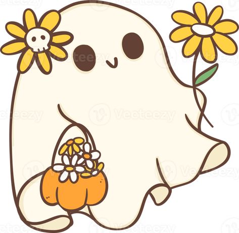 Chibi Ghost Drawing, Cartoon Ghost Cute, Cute Ghost Animation, Cute Ghost With Flowers, Cute Ghost Clip Art, Ghost Cartoon, Flower Outline, Doodle Illustration, Cartoon Images