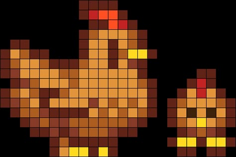 Peeler Bead Chicken, Brown Perler Bead Patterns, Stardew Valley Chicken Cross Stitch, Stardew Valley Chicken Pixel Art, Stardew Valley Grid Art, Perler Stardew Valley, Alpha Patterns Stardew Valley, Stardew Valley Chickens, Stardew Valley Grid Pattern