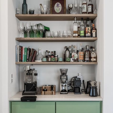 26 Modern Dry Bar Wall Ideas You Will Love - Fresh Diy Home Bar Shelf Styling, Small Built In Bar, Pendent Lighting Over Island, Modern Dry Bar, Bar Wall Ideas, Dry Bar Ideas, Glass Shelving Unit, Modern Home Bar, Bar Shelf