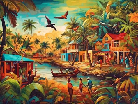 Caribbean Culture Aesthetic, Caribbean Art Paintings, Caribbean Fantasy Art, Medieval Apocalypse, Caribbean Folk Art, Caribbean Landscape, Jamaican Country Scenes, Africa Drawing, Village Art