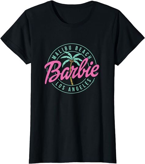 Officially Licensed by Mattel Printed Cotton Tops, Barbie T Shirt, Barbie Top, Los Angeles Beaches, Barbie Cartoon, Malibu Beach, Popular Characters, T Shirt World, Malibu Beaches