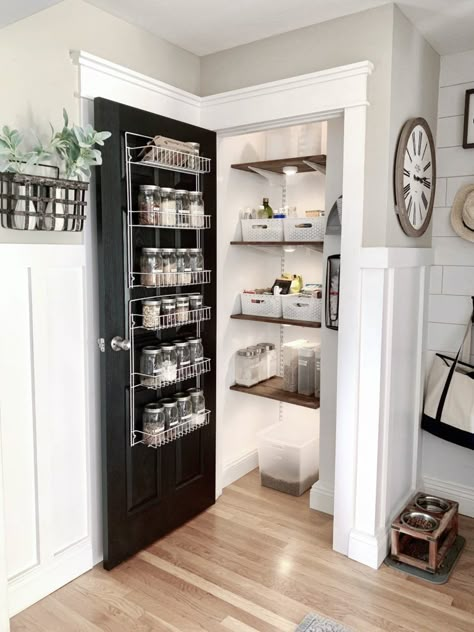 Under Shelf Lighting, Pantry Closet Design, Open Pantry, Dream Pantry, Black Interior Doors, Pantry Remodel, Pantry Makeover, Pantry Closet, Small Pantry