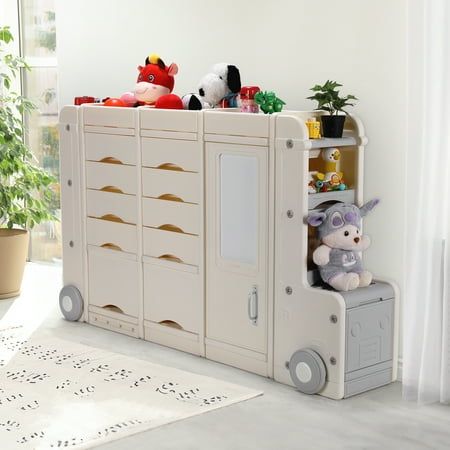 Kids toy organizer features a spacious top, 1 large enclosed cabinet, 1 locomotive cabinet, 2 large drawers, and 8 storage bins. Kids toy storage can organize toys, snacks, books, clothes or dolls, top shelf is suitable for storing decorations or books to help your child develop good habits of organization. All the corners on the toy organizer are rounded, so your child will be well protected from sharp edges. Toddler bookshelf organizer is made of durable HDPE and PP material, waterproof, impact resistant, BPA, burr free for long term use. Pirecart car-themed toy organizers and storage will be an eye-catching accent in your home. It can be widely used in living room, playroom, kids room or nursery. Note: The truck front of organizer can be mounted on the left or right side as desired. Pro Toddler Playroom Furniture, Small Storage Bins, Large Toy Storage, Toy Bin Organizer, Kids Toy Storage, Toy Storage Organizer, Toddler Organization, Plastic Storage Cabinets, Kids Toy Organization