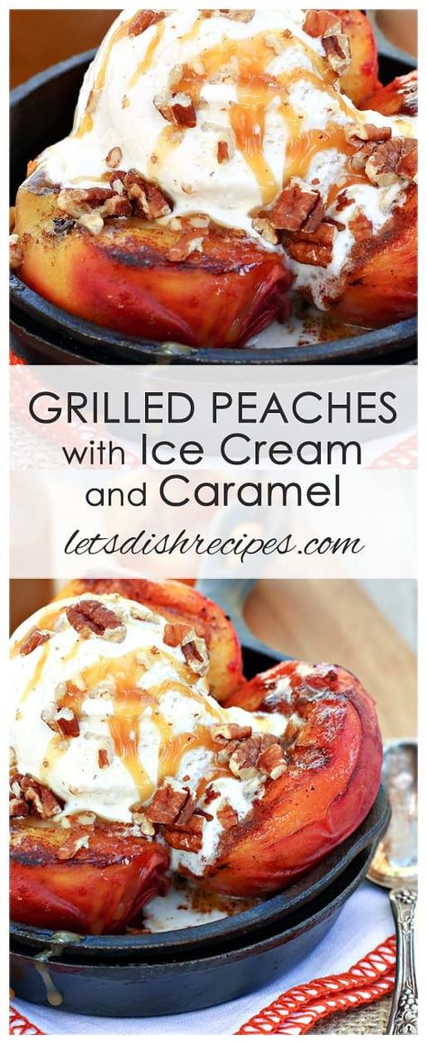 Grilled Peaches with Vanilla Ice Cream and Salted Caramel Sauce Recipe: Fresh peaches are halved then grilled to perfection, then finished off with a scoop of vanilla ice cream, salted caramel sauce and a sprinkling of chopped nuts. The perfect summer dessert! #peach #dessert #grill Peaches With Ice Cream, Ice Cream Salted Caramel, Salted Caramel Sauce Recipe, Crab Appetizer, Caramel Sauce Recipe, Grilled Desserts, Camping Desserts, Snack Shack, Caramel Recipes Sauce