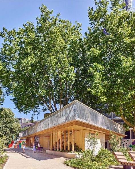 Bell Phillips creates The Tree House pavilion at London's Elephant Park London Plane Tree, Wooden Pavilion, Elephant Park, Plane Tree, Park Pavilion, Wood Facade, Elephant And Castle, Open Architecture, House In London