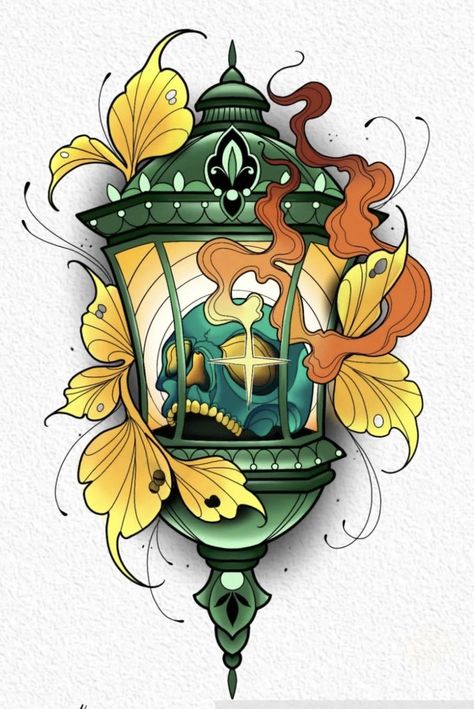 Neo Traditional Umbrella Tattoo, Neo Trad Lantern, Neotrad Lantern, Neo Traditional Lantern, Neo Traditional Leaves, Neo Traditional Drawing, Colour Tattoo Designs, Neo Traditional Flash, Neotraditional Tattoo Flash Art