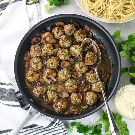 Marsala Meatballs, Veal Marsala, Veal Meatballs, Marsala Recipe, Romantic Meals, Meatball Ingredients, Cremini Mushrooms, Classic Italian, Almond Flour